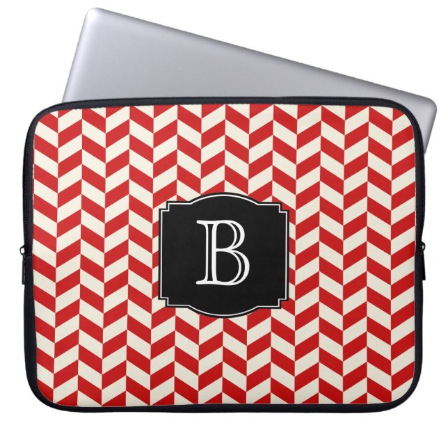 Funda Para Portátil Patrón de cheurones Red Herringbone con monograma (Frente)