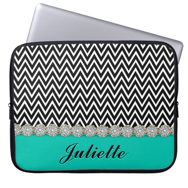 Funda Para Portátil Patrón de Chevron blanco negro de flores de diaman (Frente)