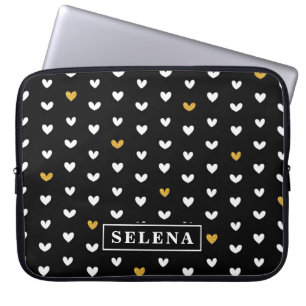 Funda Para Portátil Patrón de corazón dorado blanco negro con nombre p