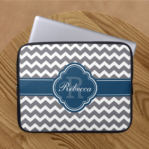 Funda Para Portátil Patrón de Cuatrefol Azul Monograma Gris Chevron