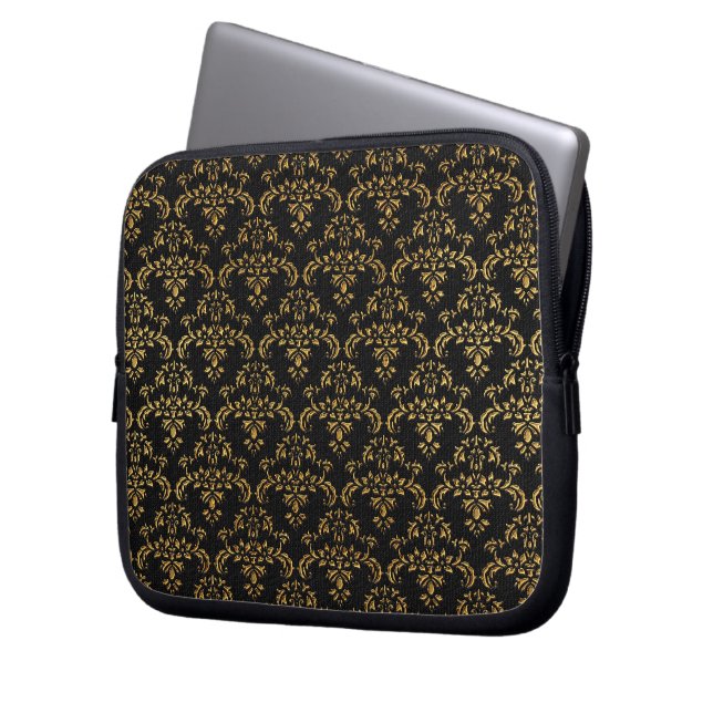 Funda Para Portátil Patrón de Damasco dorado y negro (Anverso izquierdo)