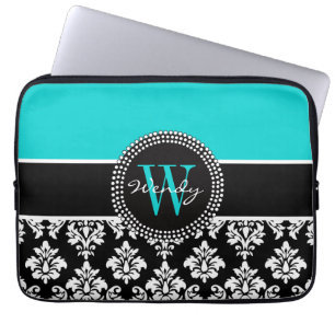 Funda Para Portátil Patrón de Damasco Negro Aqua inicial personalizado