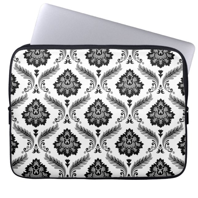 Funda Para Portátil Patrón de damasco rococó gris negro blanco (Frente)