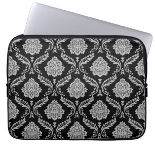 Funda Para Portátil Patrón de Damasco Rococó Gris sobre Negro