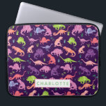Funda Para Portátil Patrón de dinosaurios de acuarela personalizada Ni<br><div class="desc">Patrón de Dinosaurio de color de agua personalizado Chicas rosados púrpura Funda de portátiles para niños. Dinosaurios acuarelas en verde,  rosa y morado sobre un fondo morado oscuro. www.SamAnnDesigns.com</div>
