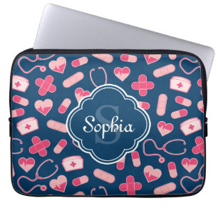 Funda Para Portátil Patrón de enfermera rosa y azul con monograma