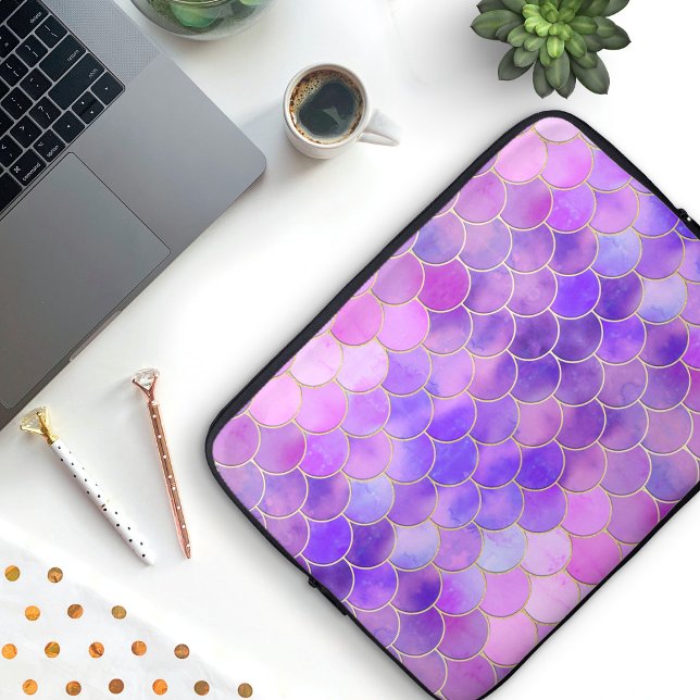 Funda Para Portátil Patrón de escala de sirena ultravioleta y dorada (Violet Mermaid Scale Pattern Laptop Sleeve)