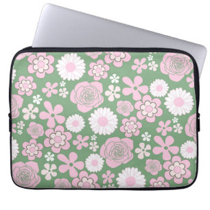 Funda Para Portátil Patrón de flor del Y2K 70s del Retro Blanco Rosa V