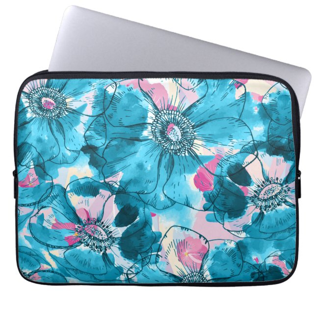 Funda Para Portátil Patrón de flores abstractas OPink y azul desordena (Frente)