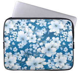 Funda Para Portátil patrón de flores blancas, fondo azul,