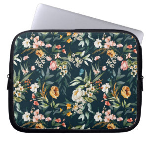 Funda Para Portátil Patrón de flores de jardín de estilo azul oscuro
