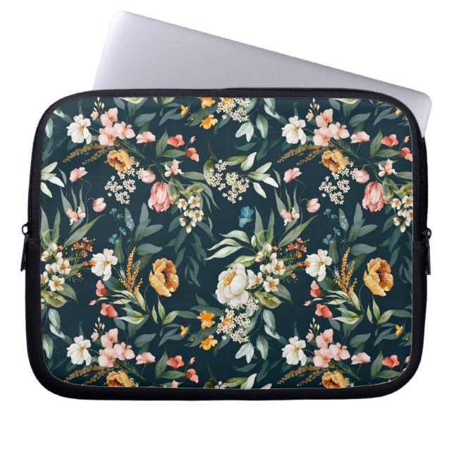 Funda Para Portátil Patrón de flores de jardín de estilo azul oscuro (Frente)