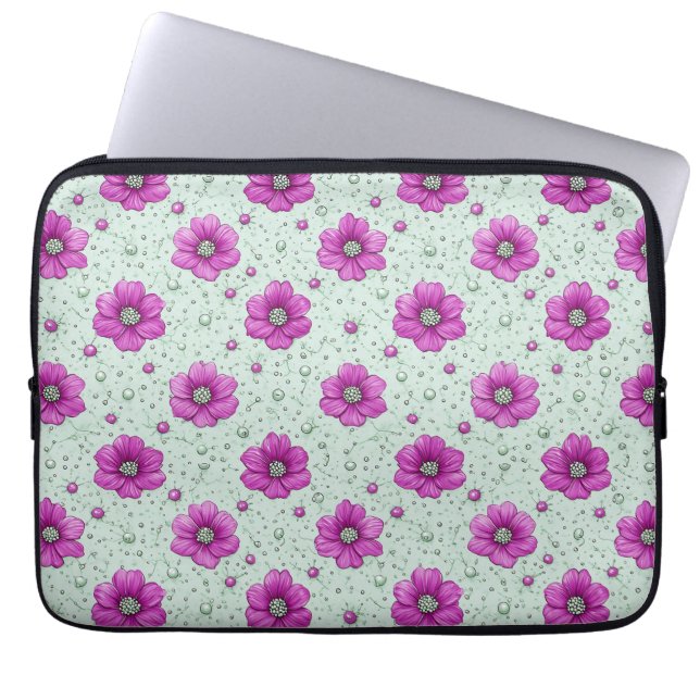 Funda Para Portátil Patrón de flores rosadas con gotas (Frente)