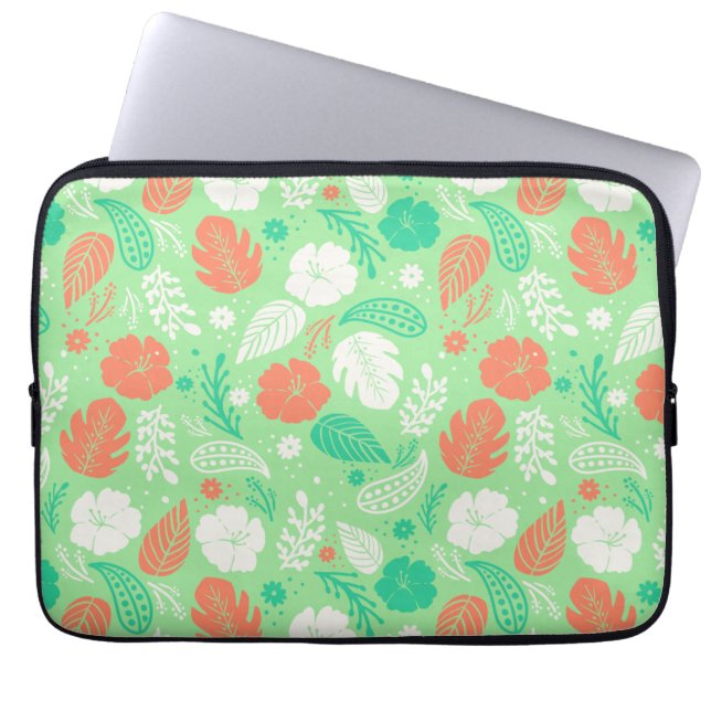 Funda Para Portátil Patrón de follaje tropical verde y Naranja (Frente)