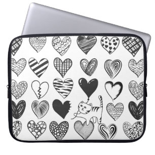 Funda Para Portátil Patrón de gato y corazón negro y blanco