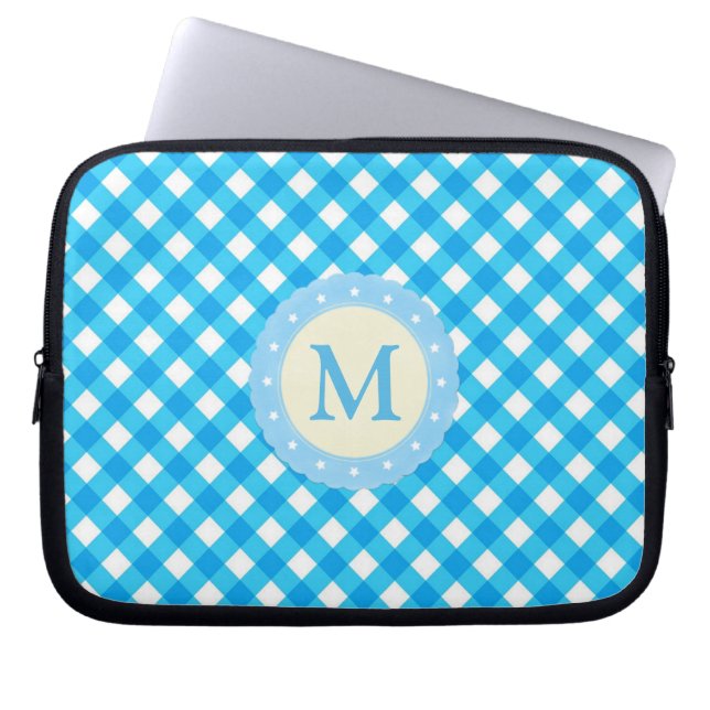 Funda Para Portátil Patrón de Gingham azul y blanco monograma (Frente)