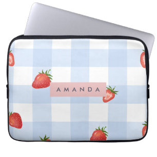 Funda Para Portátil Patrón de Gingham de fresa y azul personalizado