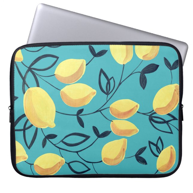 Funda Para Portátil Patrón de gouache de limón amarillo sobre turquesa (Frente)