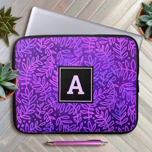 Funda Para Portátil Patrón de hojas de monograma púrpura tipografía en