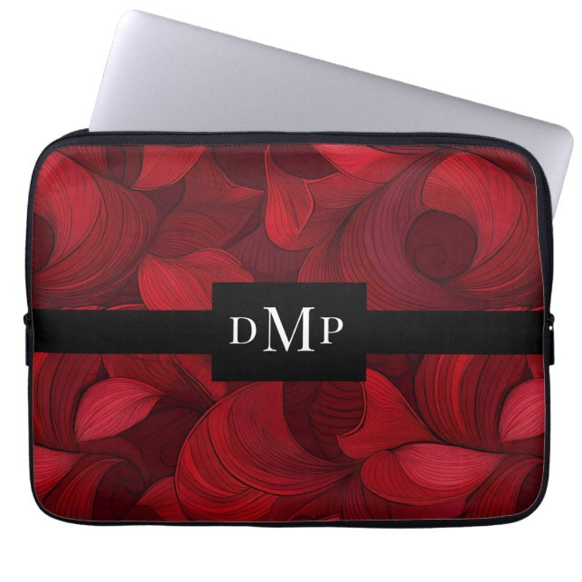 Funda Para Portátil Patrón de hojas de resumen rojo oscuro monogramado (Frente)