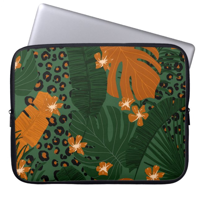 Funda Para Portátil Patrón de hojas tropicales de leopardo exótico (Frente)