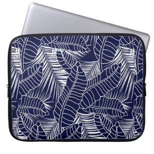 Funda Para Portátil patrón de hojas tropicales en el fondo azul marino