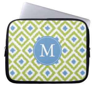 Funda Para Portátil Patrón de Ikat de Diamante Verde Azul Monogramado
