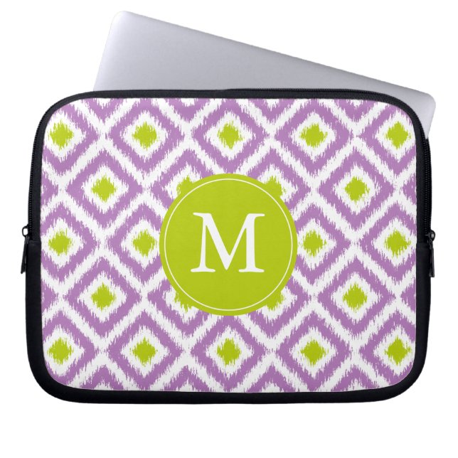 Funda Para Portátil Patrón de Ikat de Diamante Verde Morado Monogramad (Frente)