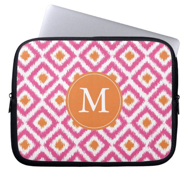 Funda Para Portátil Patrón de Ikat Tangerine Rosa Monogramado (Frente)