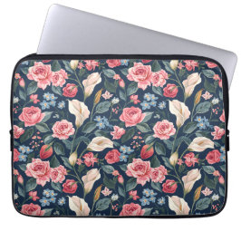 Funda Para Portátil Patrón de jardín floral azul marino romántico