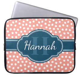 Funda Para Portátil Patrón de lunares blancos rosa Monograma azul mari