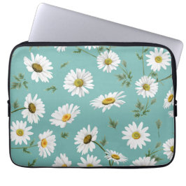 Funda Para Portátil Patrón de margarita, fondo azul verde