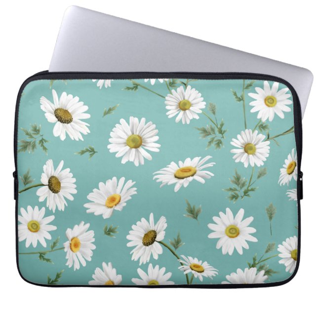 Funda Para Portátil Patrón de margarita, fondo Verde azulado (Frente)