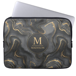 Funda Para Portátil Patrón de mármol con brillo gris negro y dorado pe
