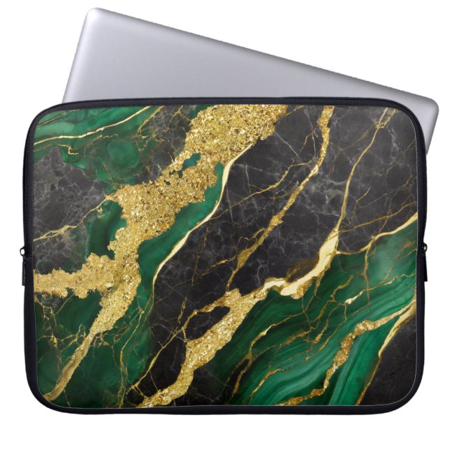 Funda Para Portátil Patrón de mármol verde con oro (Frente)