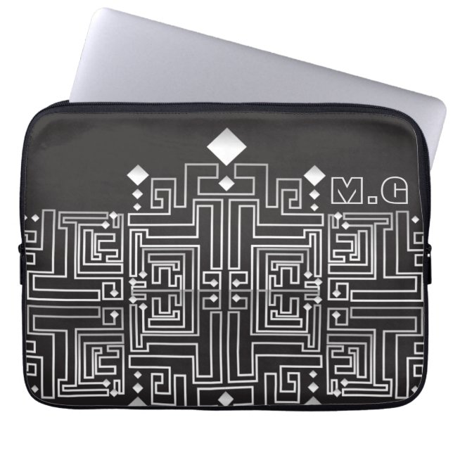 Funda Para Portátil Patrón de Maze blanco y negro monogramado (Frente)
