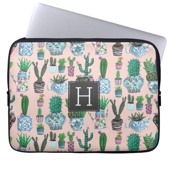 Funda Para Portátil Patrón de monograma de cactus suculento rosa lindo (Frente)