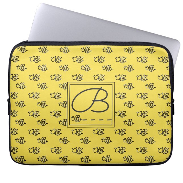 Funda Para Portátil Patrón de monograma de las abejas de verano amaril (Frente)