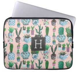 Funda Para Portátil Patrón de monograma suculento de cactus rosado
