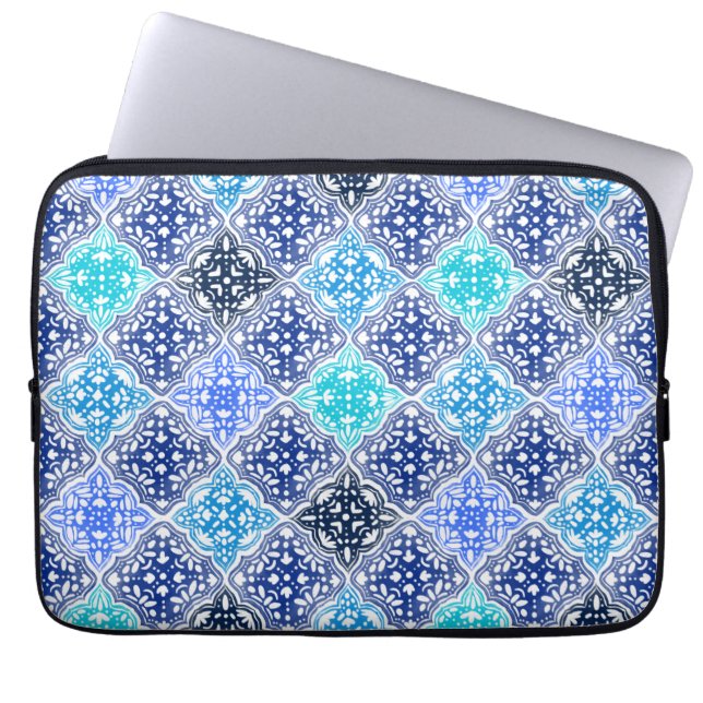 Funda Para Portátil Patrón de mosaico marroquí pintado de azul (Frente)