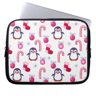 Funda Para Portátil Patrón de Navidades blancos y rosados con pingüino