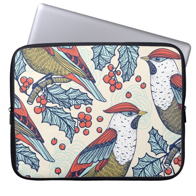 Funda Para Portátil Patrón de Navidades de Waxwings Holly (Frente)