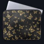 Funda Para Portátil Patrón de oro y mariposas negras de vidrio<br><div class="desc">Las mariposas doradas y negras de cristal en un patrón impecable. Diseño lujoso y moderno con brillantes blancos.</div>