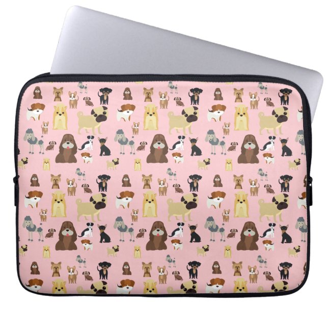 Funda Para Portátil patrón de perros de fondo rosa. (Frente)