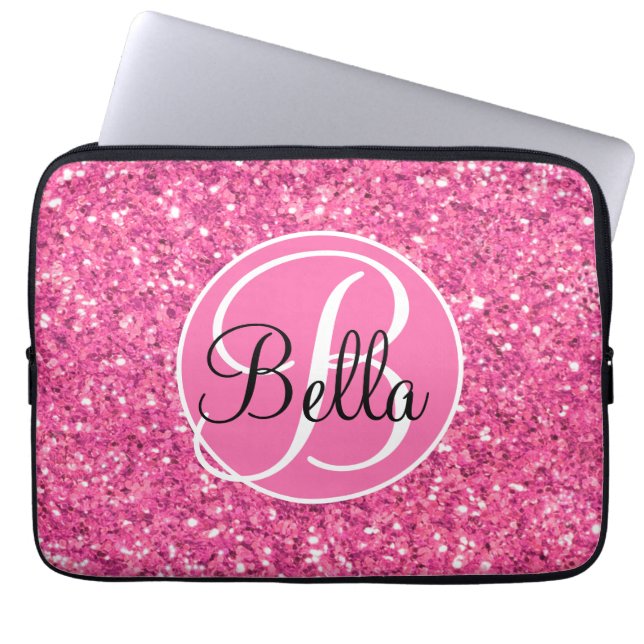 Funda Para Portátil Patrón de purpurina brillante rosa monogramado (Frente)