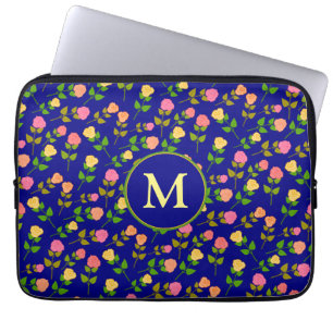 Funda Para Portátil Patrón de rosa azul bonito monograma
