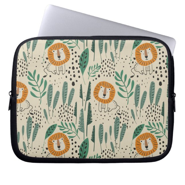 Funda Para Portátil Patrón de selva tropical de león de Doodle lindo (Frente)