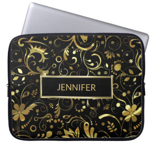 Funda Para Portátil Patrón De Tela Floral De Oro Y Negro