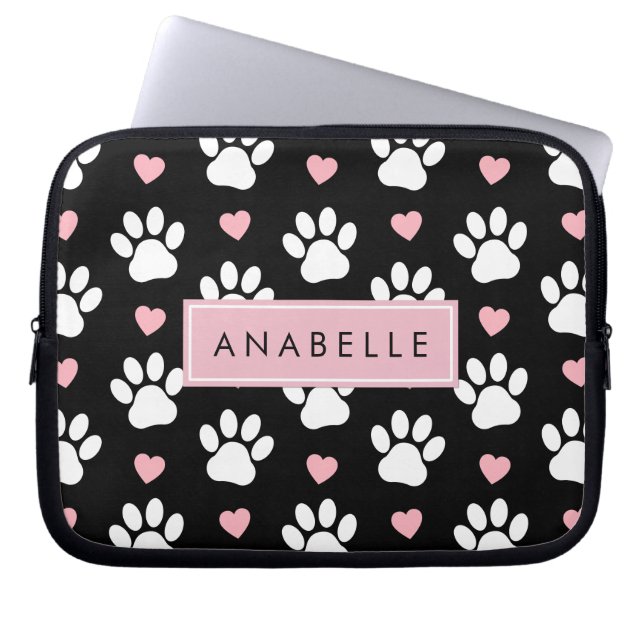 Funda Para Portátil Patrón de trazos, patas blancas, corazones rosados (Frente)
