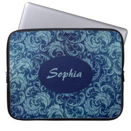 Funda Para Portátil Patrón elegante de Damasco Vintage azul